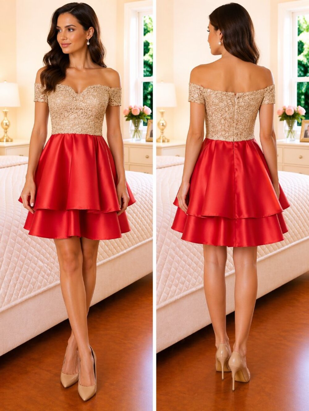 NWT B. Darlin Gold Lace Red A-Line Dress $79